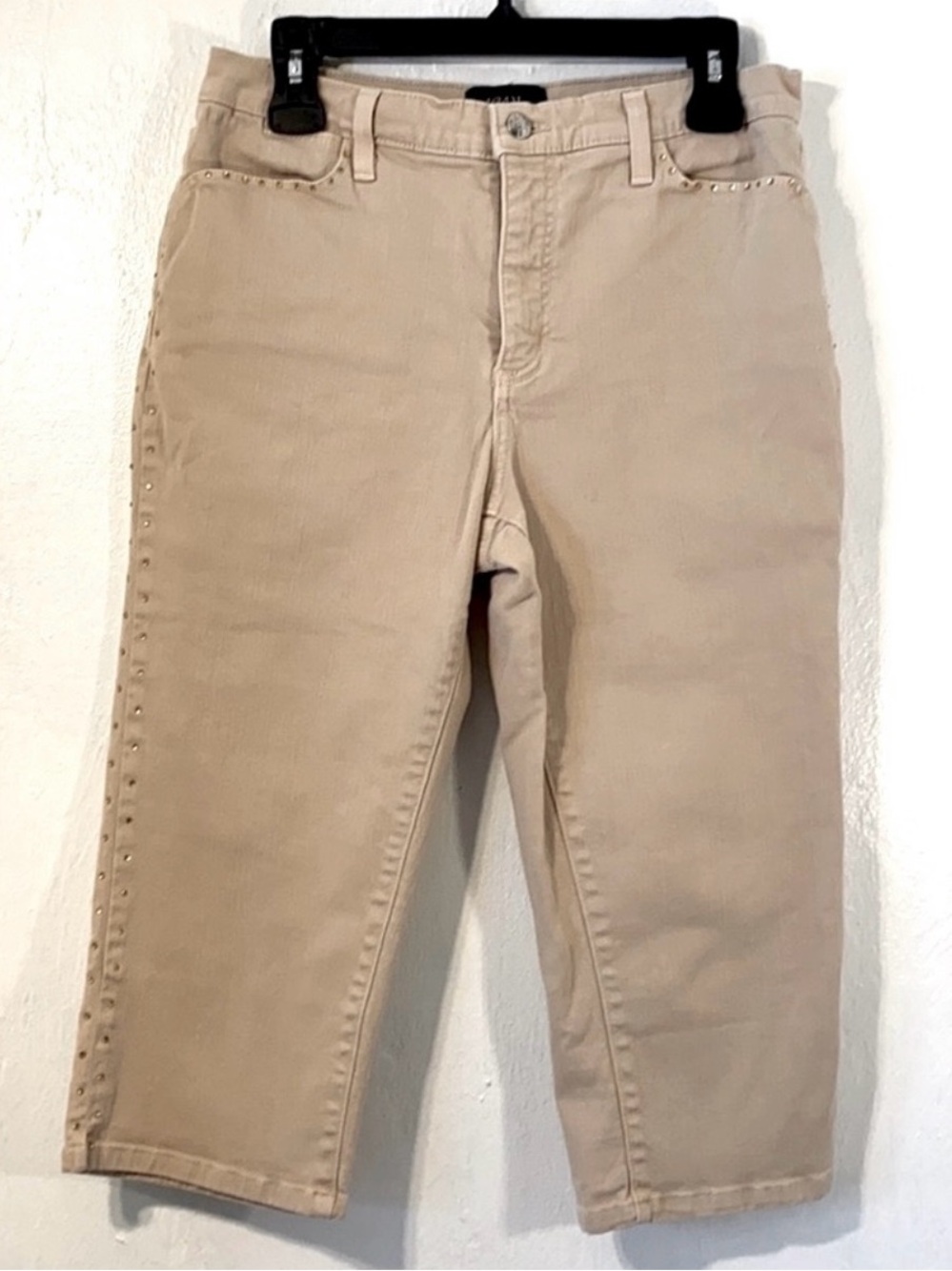 NYDJ Tan Rhinestone Stud-Trim Cropped Denim Pants.Size 12